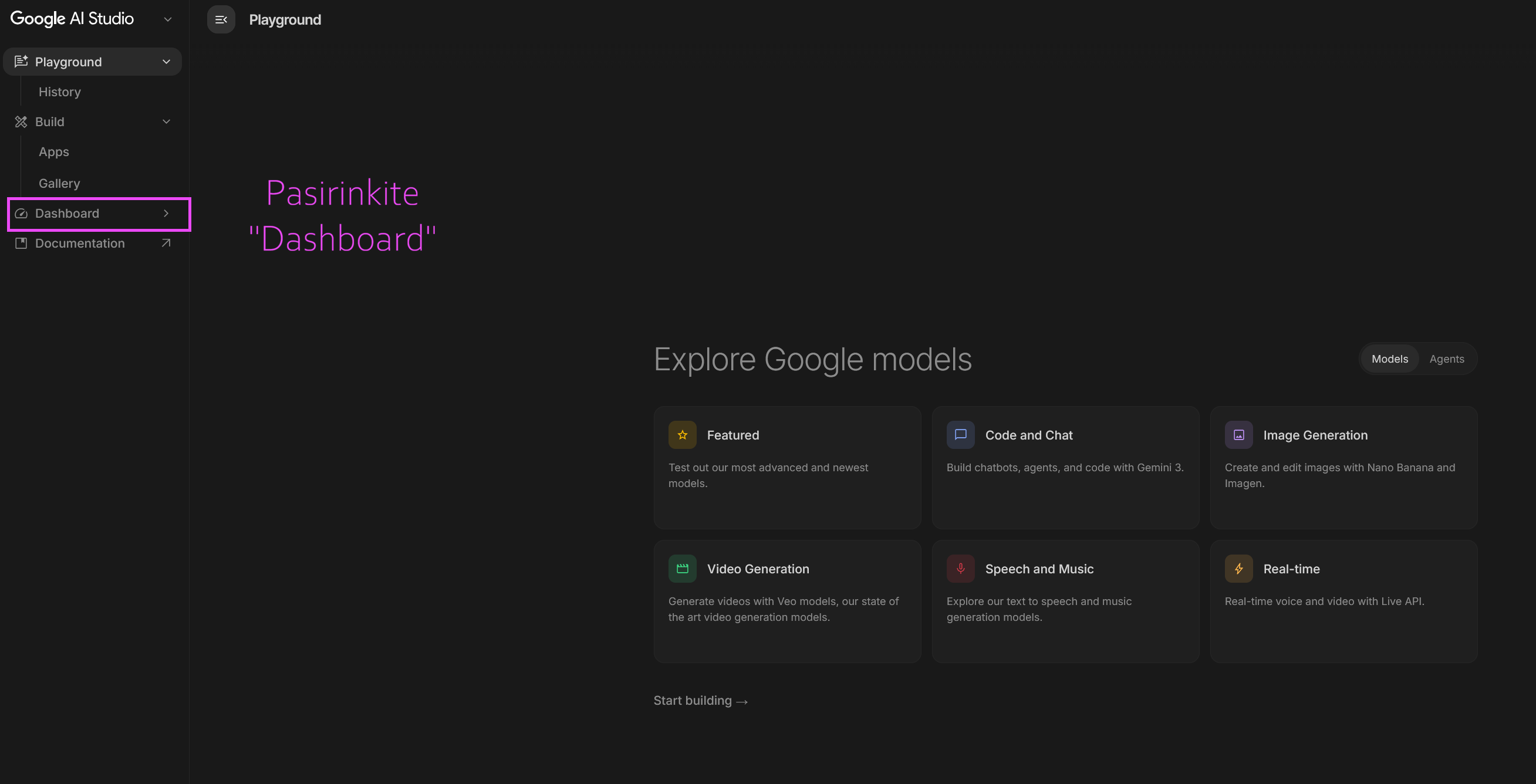 AI Studio Dashboard su modelių kategorijomis