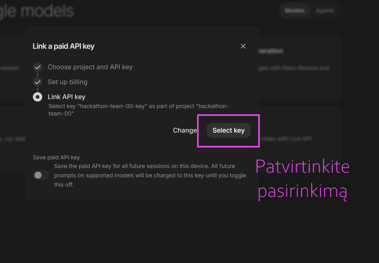 API rakto susiejimo dialogas su Select key mygtuku