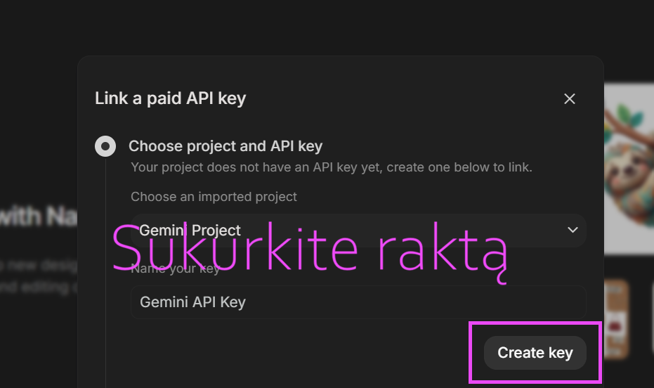 API rakto kūrimo dialogas, kai raktas nerastas