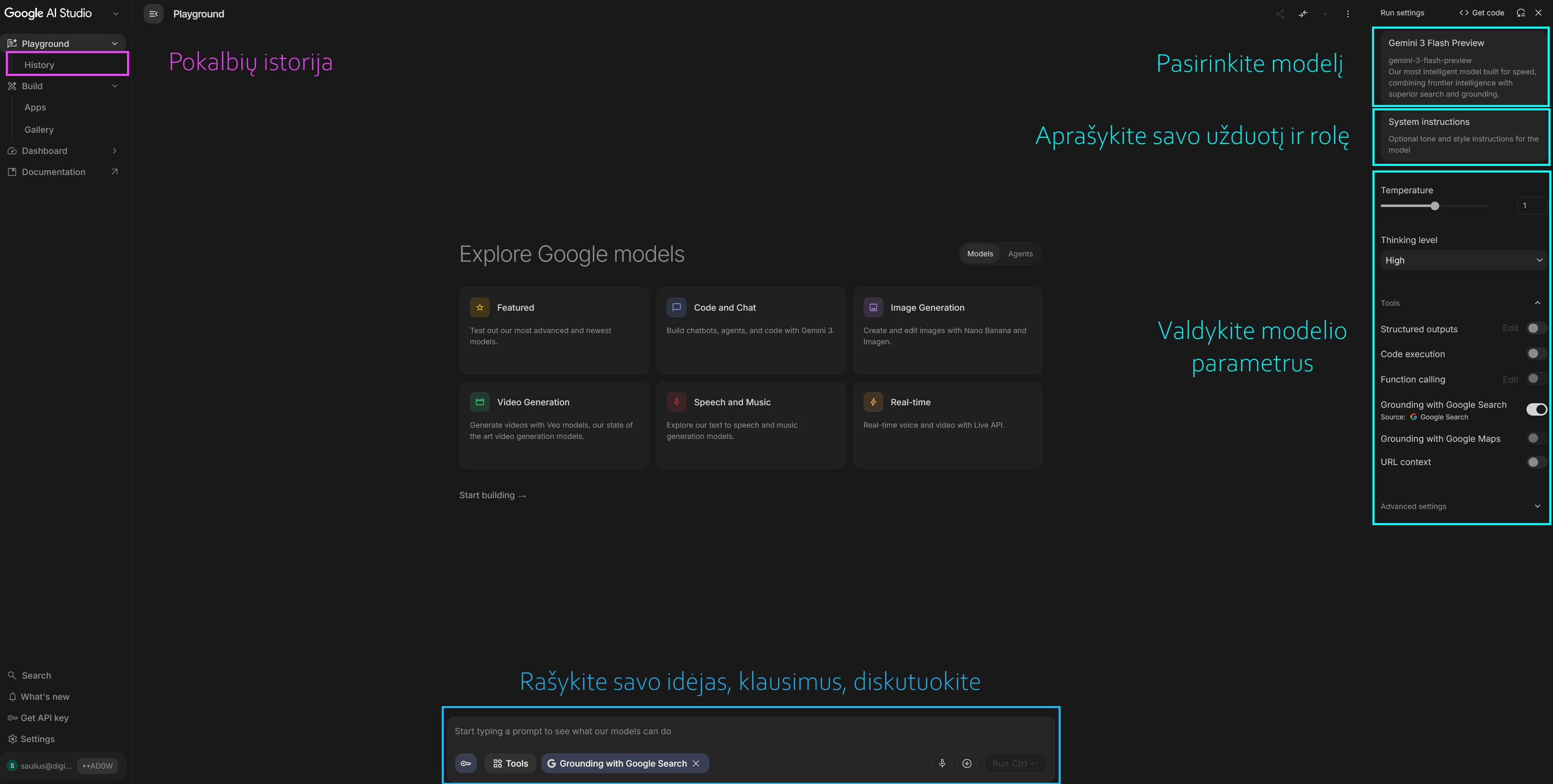 AI Studio Playground su modelio nustatymais ir užklausos lauku
